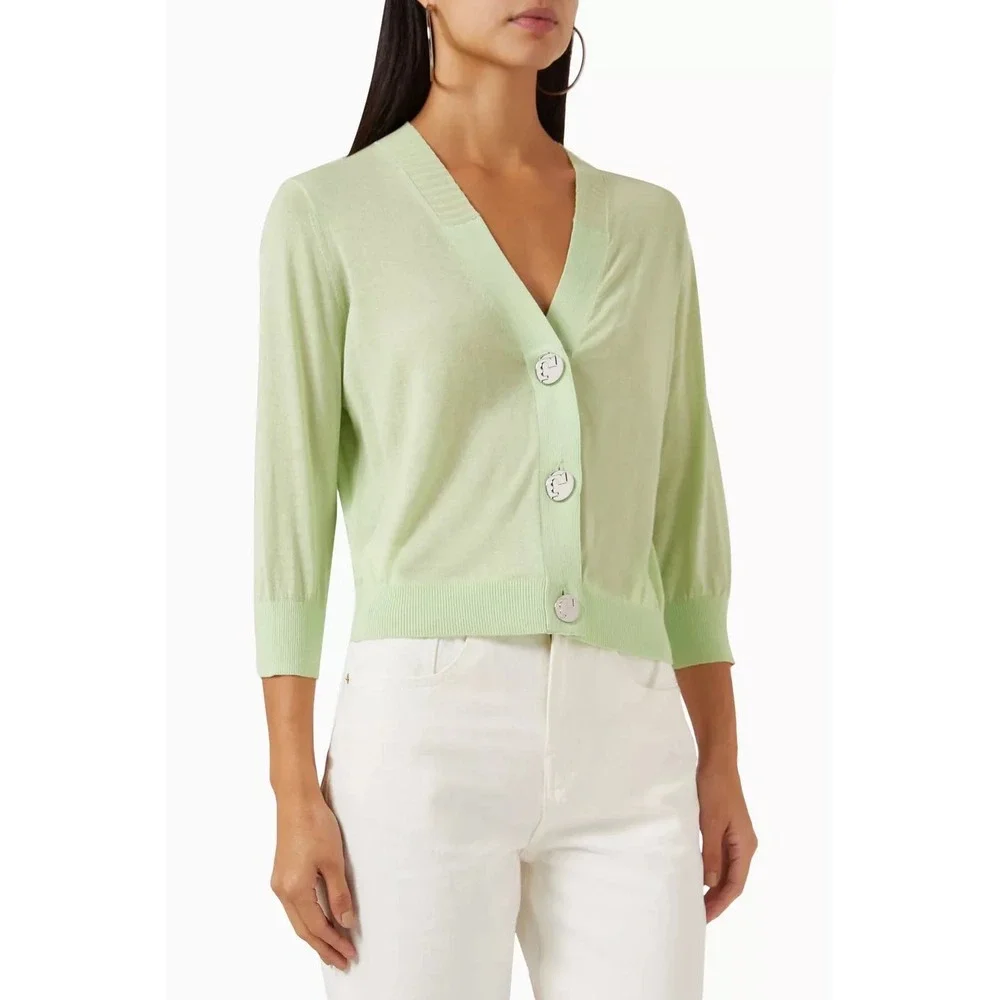 Tory Burch Cardigan Women M Lime Green Cotton Logo Button Cropped Sweater